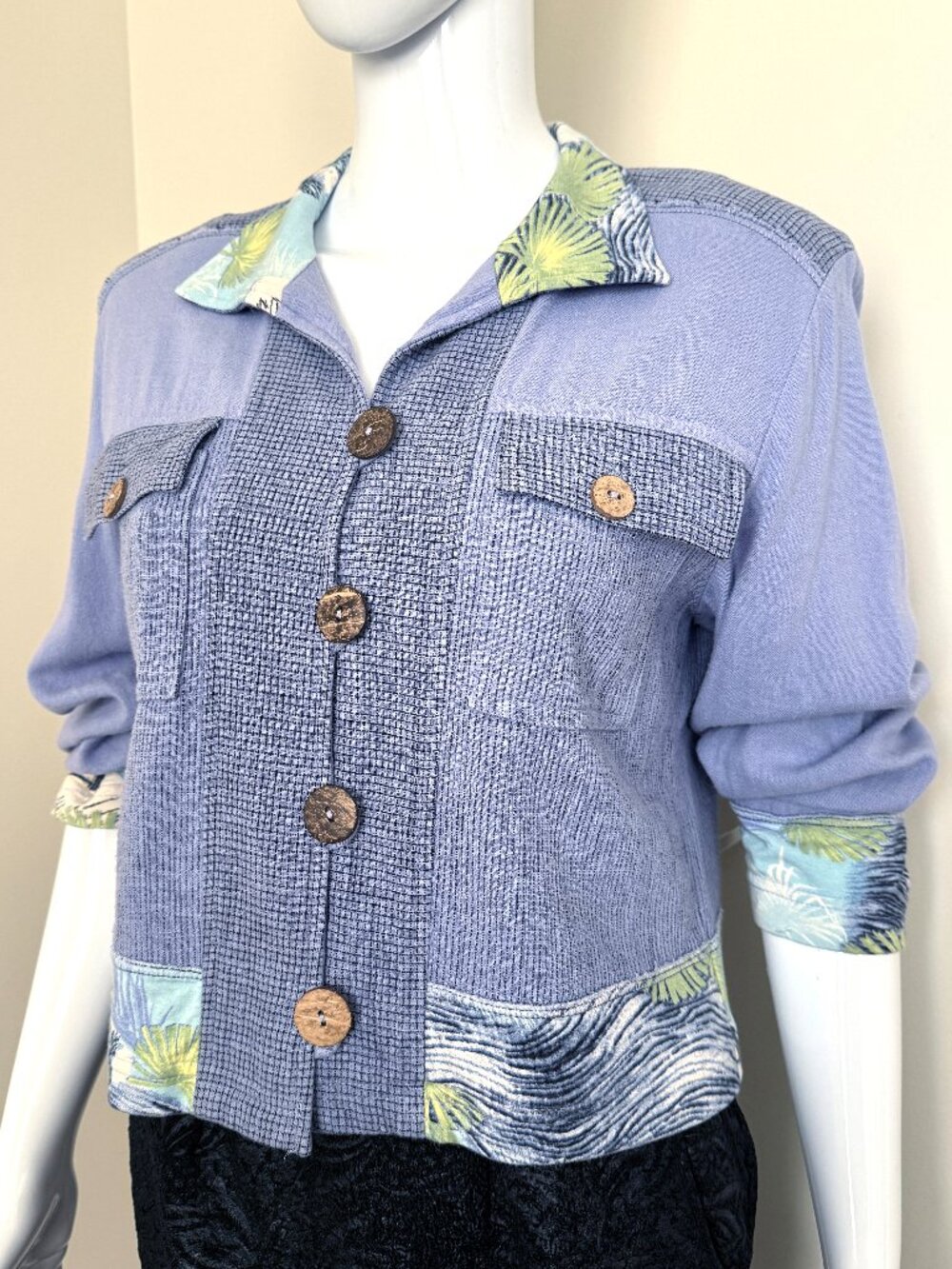 Studio G Sport Periwinkle Blue Patchwork Front Pockets Tropical Shirt Jacket